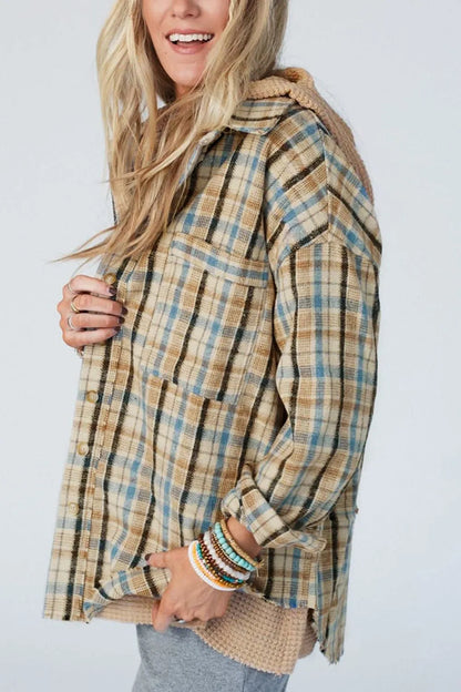 Drawstring Waffle Knit Patchwork Hooded Plaid Shacket-Nordavory