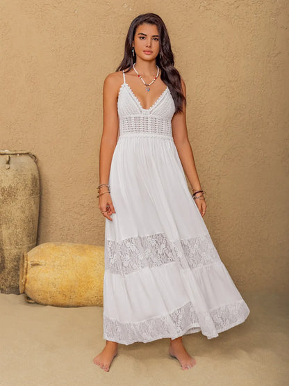 Lace Detail Crochet Tiered Maxi Cami Dress-Nordavory