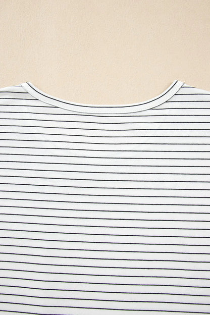 Stripe Cap Sleeve Crew Neck Casual Tee with Chest Pocket-Nordavory