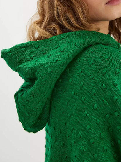 Textured Dot Knit Long Sleeve Hooded Sweater-Nordavory