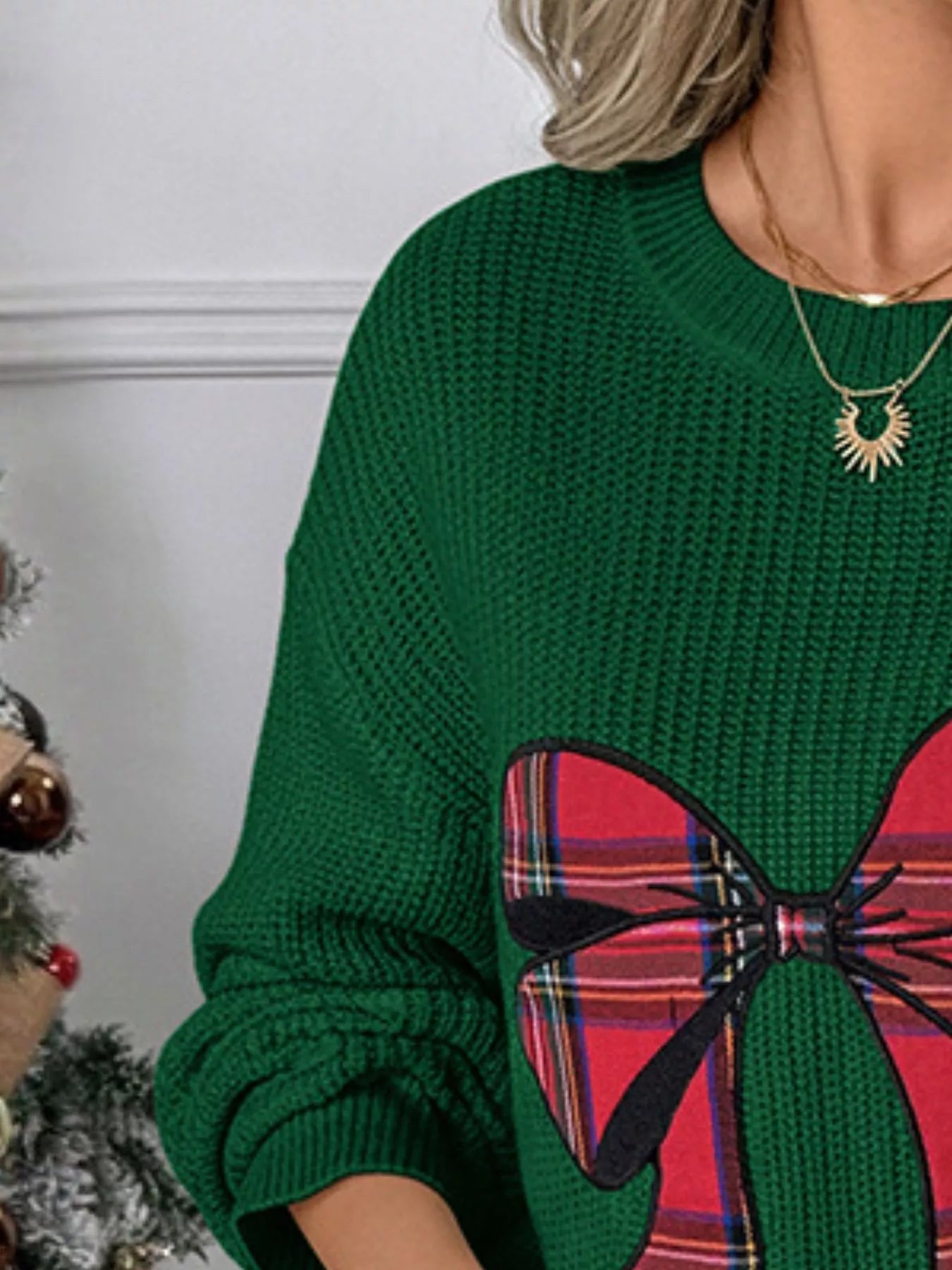 Plaid Bow Round Neck Christmas Sweater-Nordavory