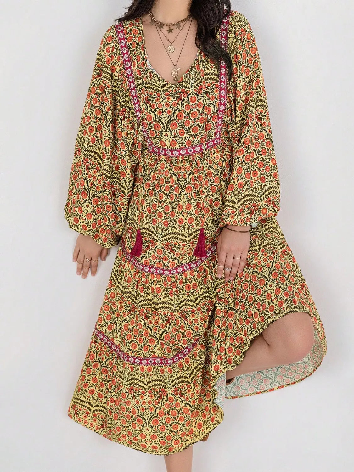 Floral Tiered Midi Dress with Balloon Sleeves-Nordavory