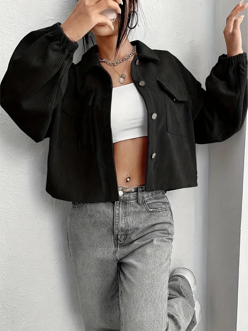Collared Neck Dropped Shoulder Jacket-Nordavory