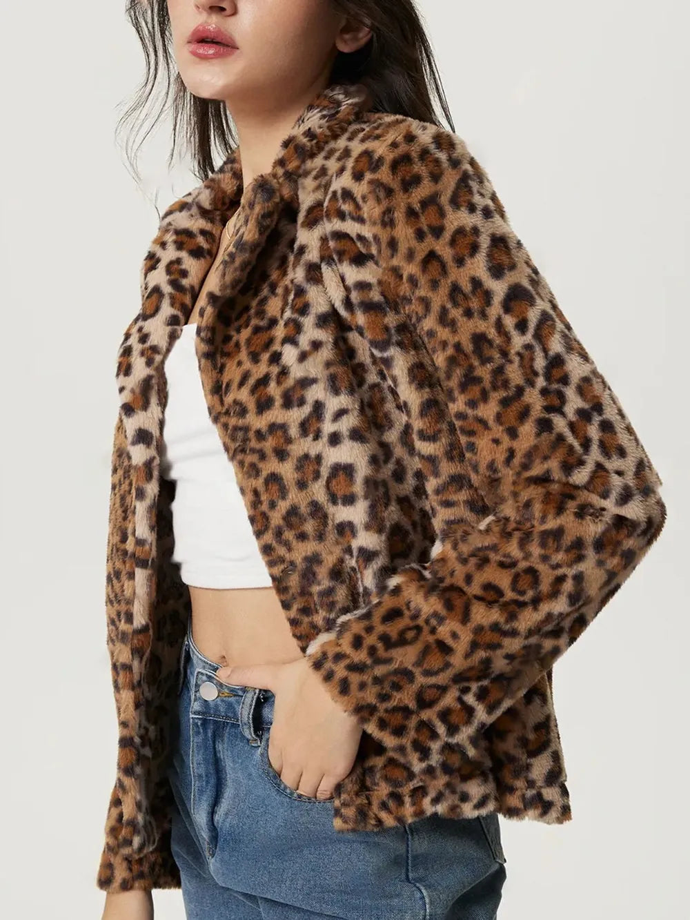 Fuzzy Leopard Collared Neck Jacket-Nordavory