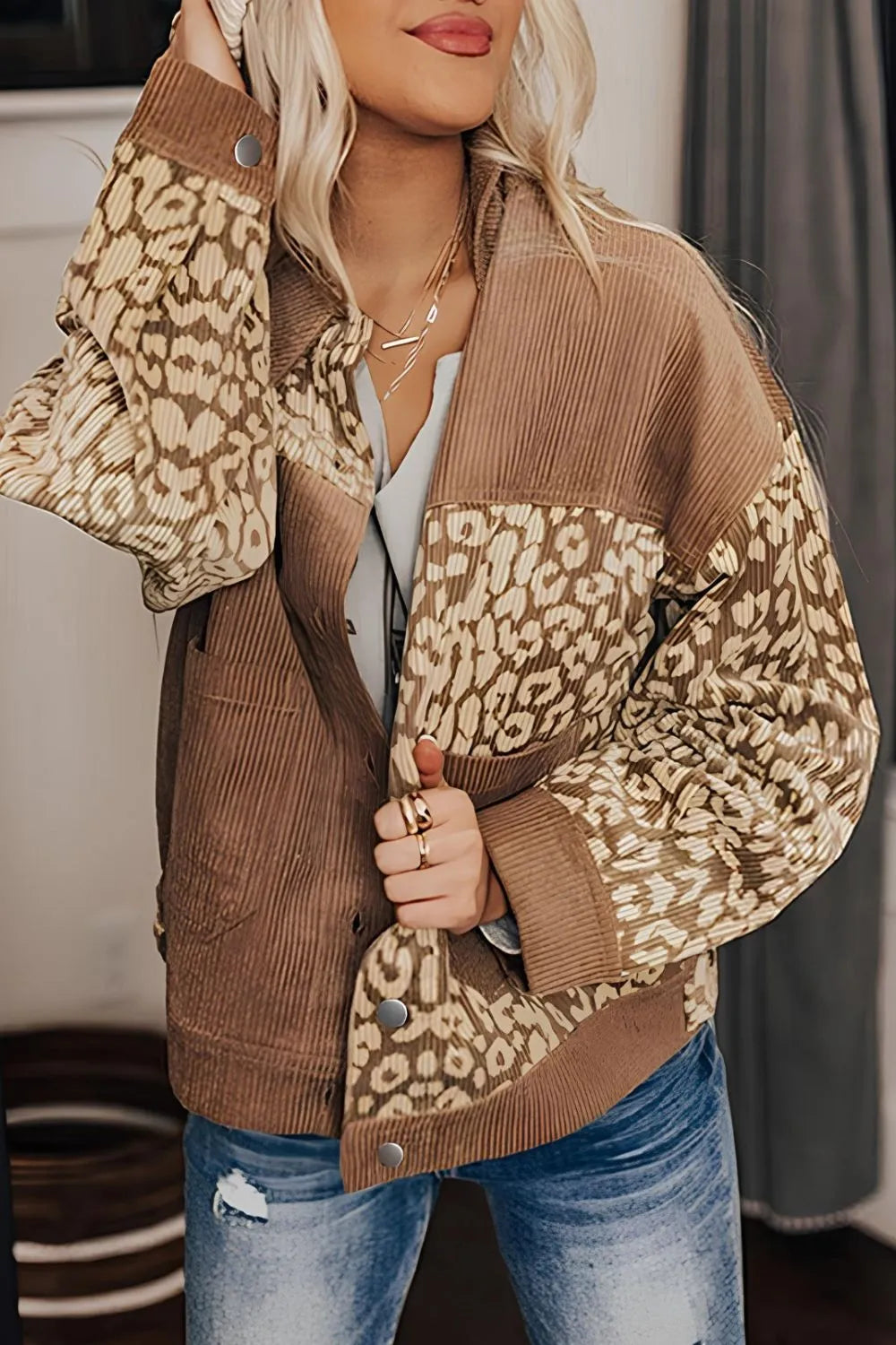 Leopard Button Up Drop Shoulder Jacket-Nordavory