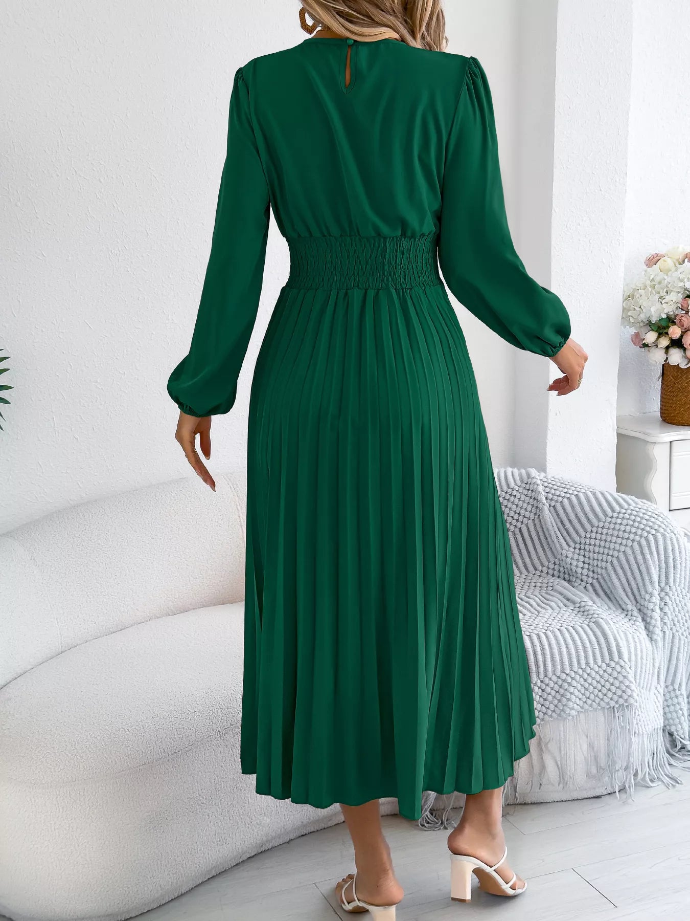 Smocked Pleated Long Sleeve Midi Dress-Nordavory