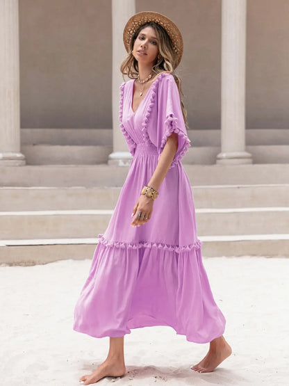 Tassel Trim Smocked V-Neck Short Sleeve Dress-Nordavory