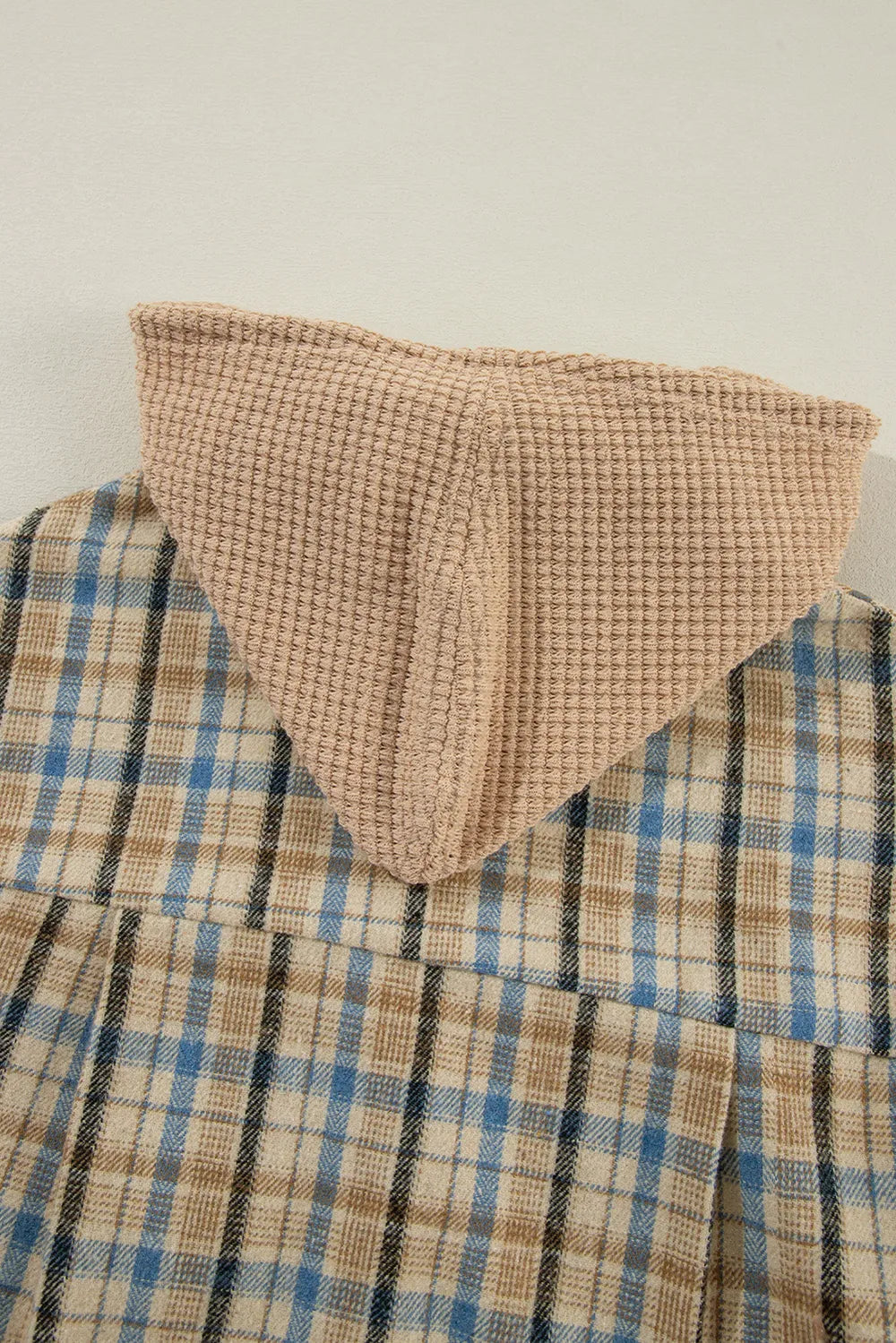 Drawstring Waffle Knit Patchwork Hooded Plaid Shacket-Nordavory