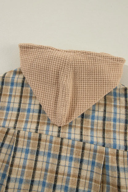 Drawstring Waffle Knit Patchwork Hooded Plaid Shacket-Nordavory