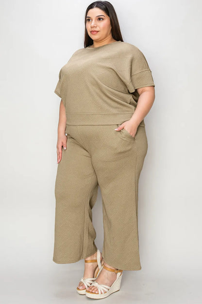 Double Take Full Size Texture Short Sleeve Top and Pants Set-Nordavory