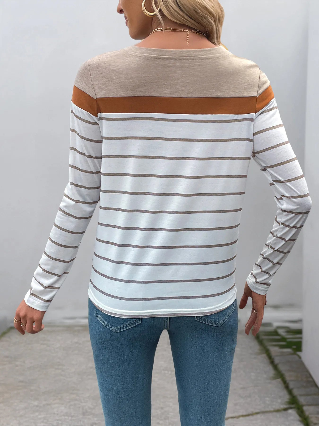 Casual Striped Long Sleeve Color Block T-Shirt-Nordavory