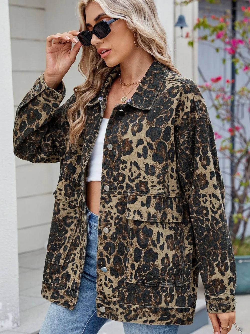 Leopard Button Up Drop Shoulder Denim Jacket-Nordavory