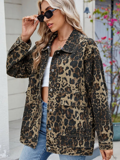 Leopard Button Up Drop Shoulder Denim Jacket-Nordavory