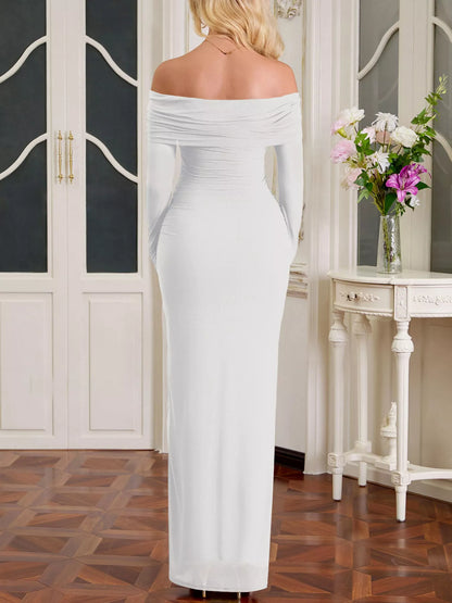 Off-Shoulder Ruched Maxi Dress-Nordavory