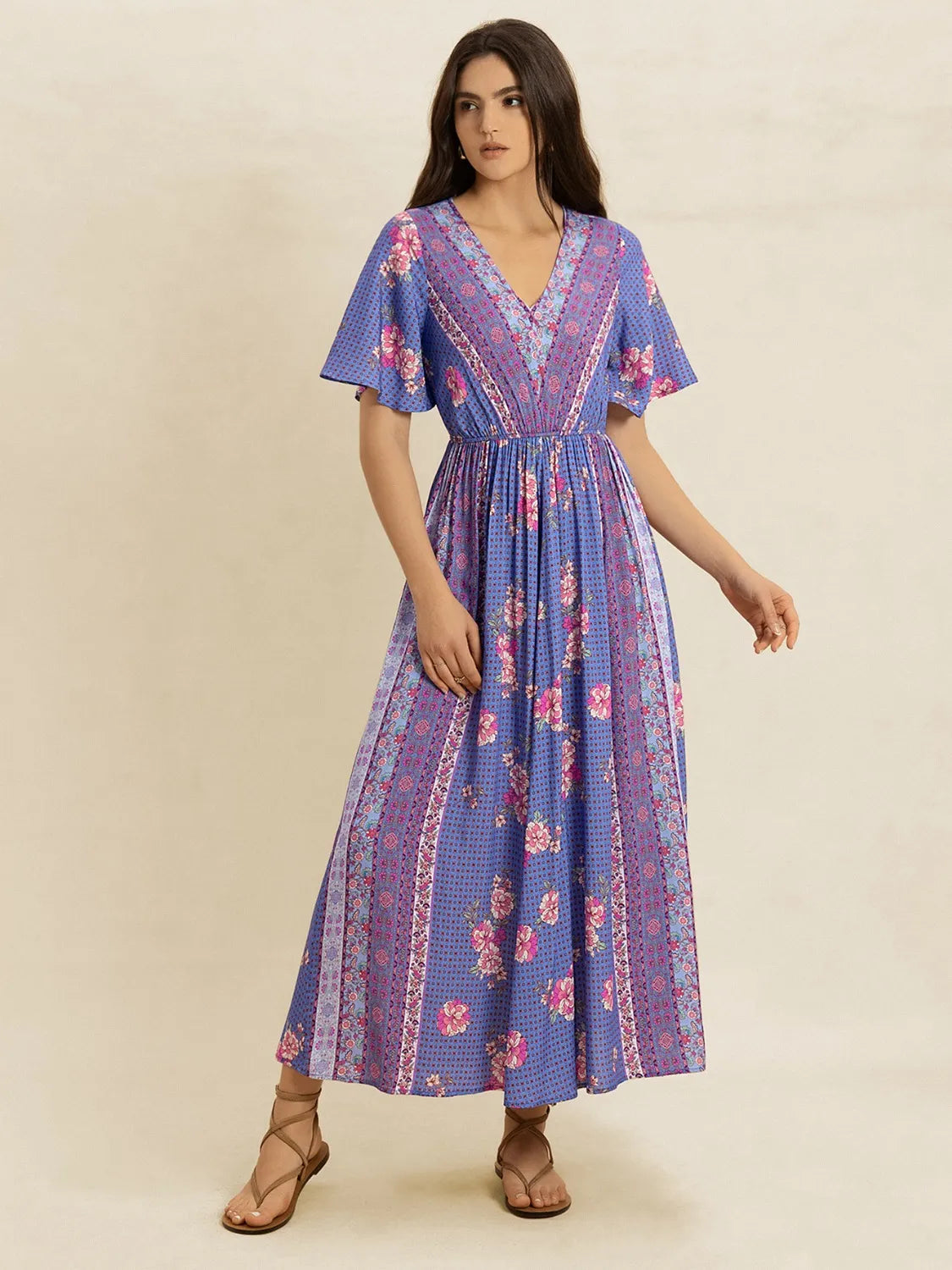 Printed Short Sleeve Midi Dress-Nordavory
