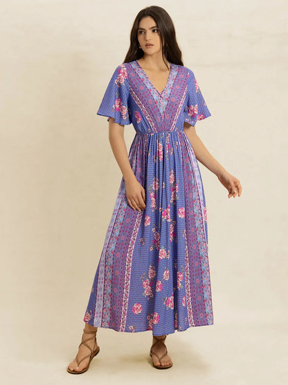 Printed Short Sleeve Midi Dress-Nordavory