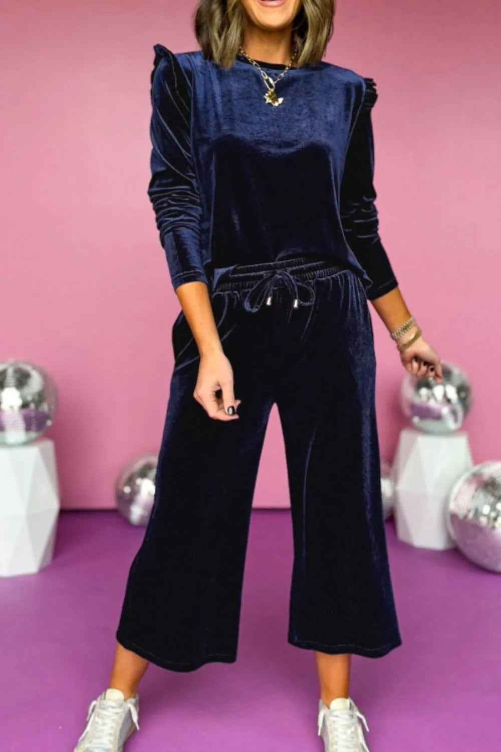 Frill Round Neck Long Sleeve Top and Pants Set-Nordavory