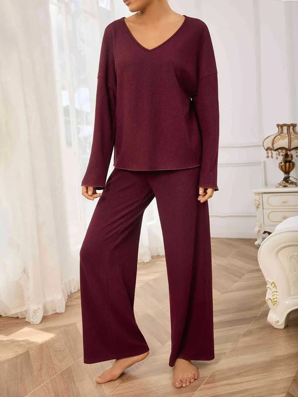 V-Neck Long Sleeve Top and Wide Leg Pants Set-Nordavory