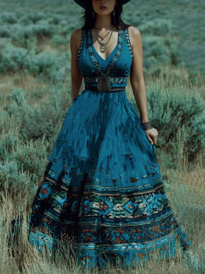 Printed V-Neck Maxi Dress-Nordavory