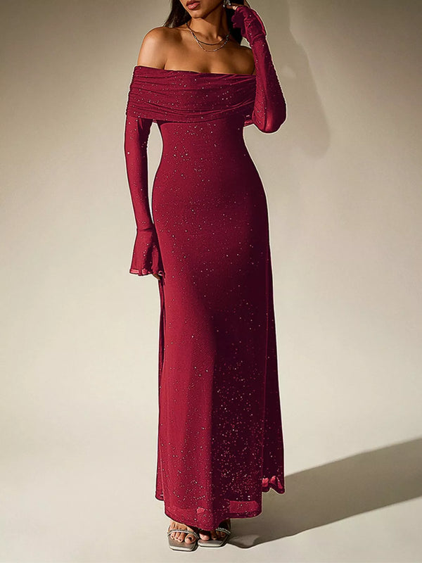 Glitter Off-Shoulder Maxi Dress-Nordavory