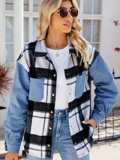 Pocketed Plaid Snap Down Denim Jacket-Nordavory