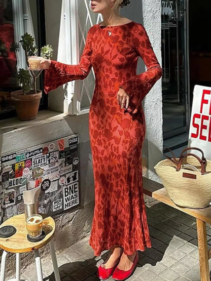 Floral Print Fare Sleeve Maxi Dress-Nordavory