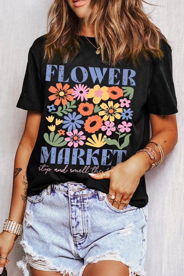 Flower Market Graphic Round Neck T-Shirt-Nordavory