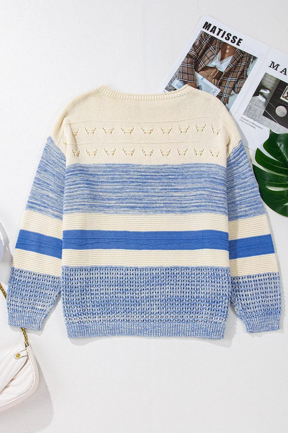 Openwork Striped Knit Long Sleeve Sweater-Nordavory
