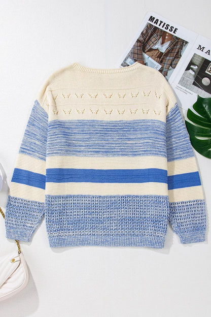 Openwork Striped Knit Long Sleeve Sweater-Nordavory