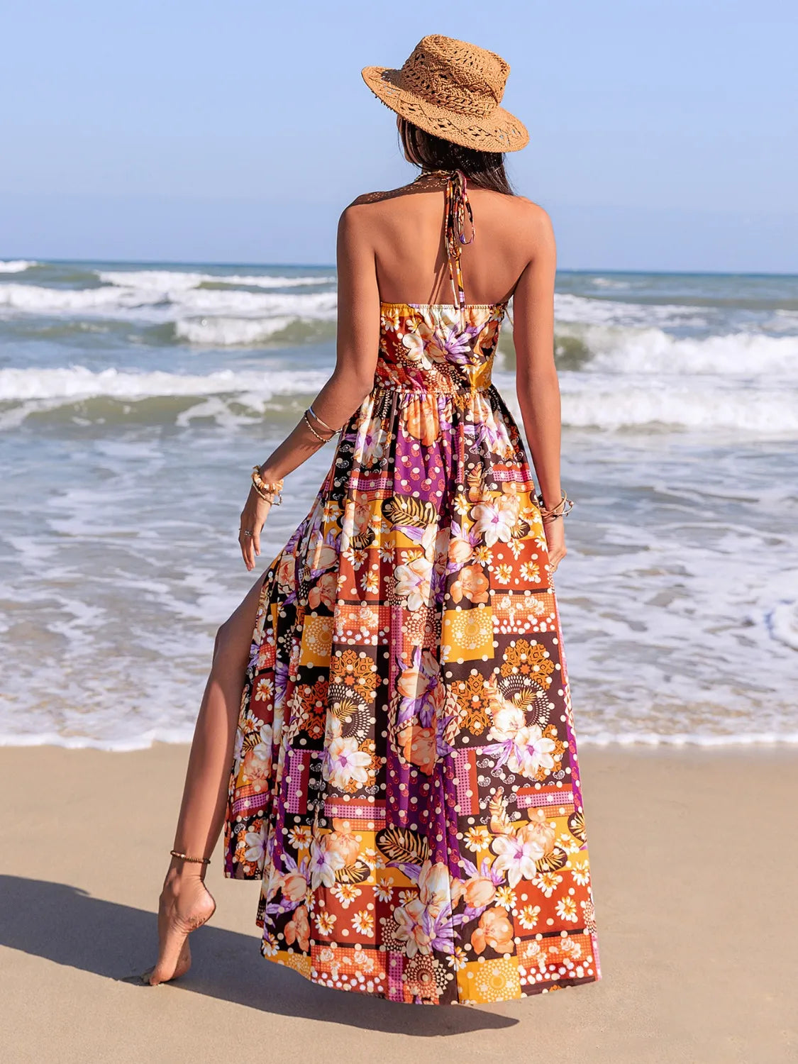 Slit Printed Halter Neck Cami Dress-Nordavory