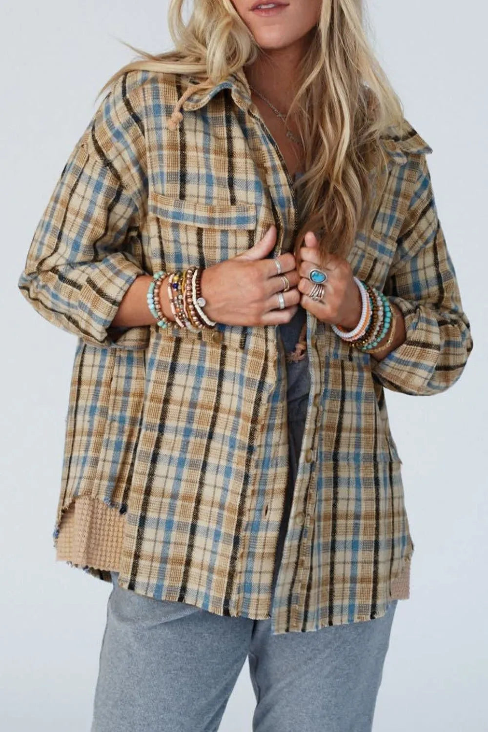 Drawstring Waffle Knit Patchwork Hooded Plaid Shacket-Nordavory