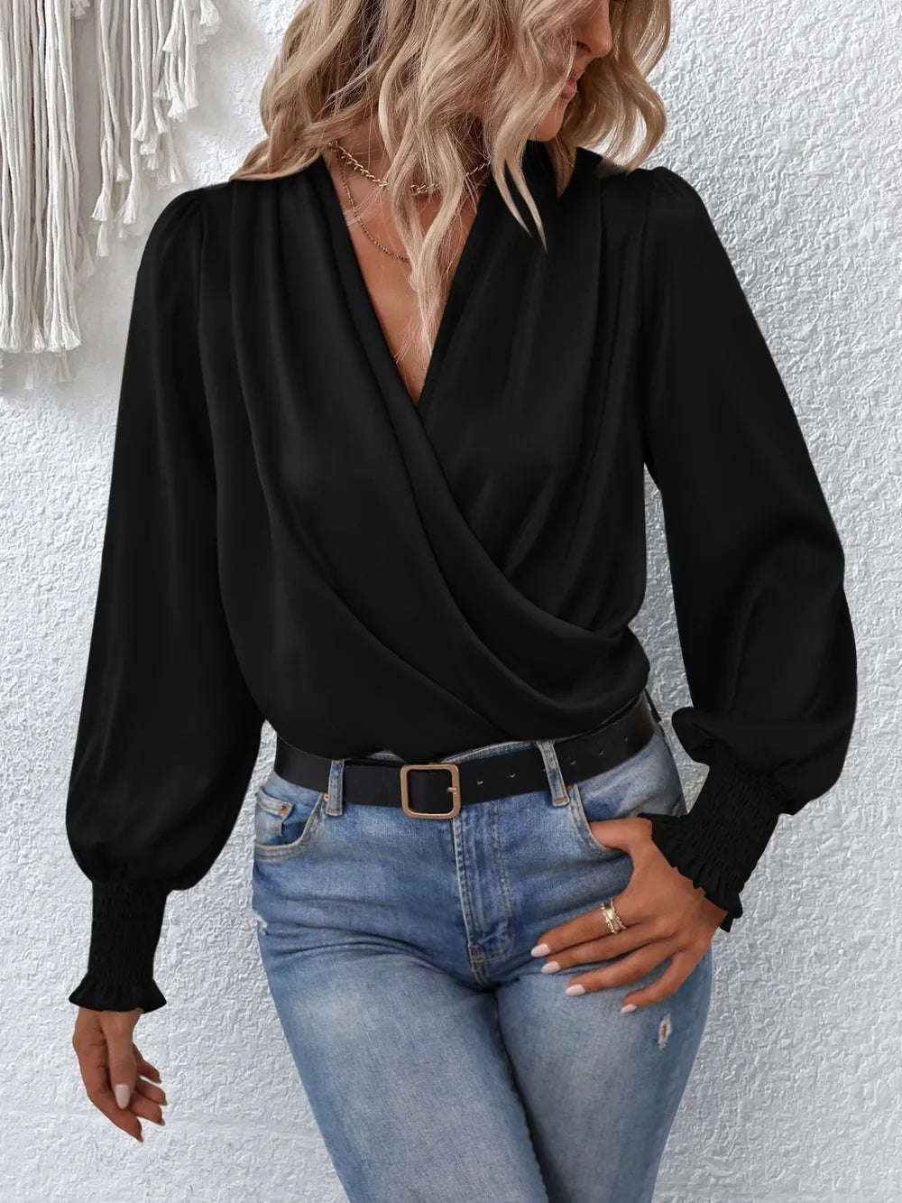 Surplice Smocked Lantern Sleeve Blouse-Nordavory