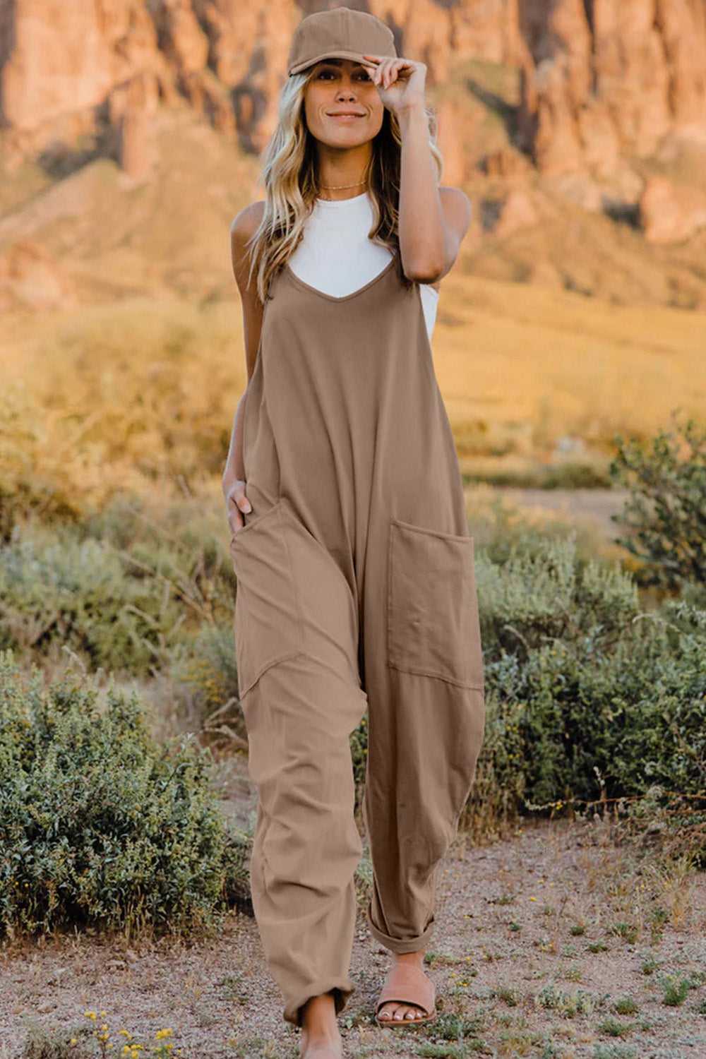 Double Take Full Size V-Neck Sleeveless Jumpsuit with Pockets-Nordavory