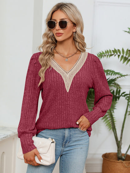 Lace Detail V-Neck Ribbed Blouse-Nordavory
