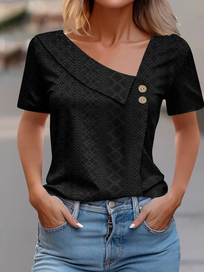 Eyelet Asymmetrical Short Sleeve T-Shirt-Nordavory
