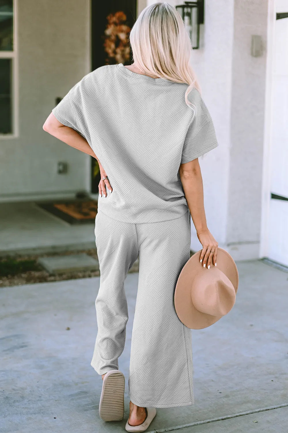 Double Take Full Size Texture Short Sleeve Top and Pants Set-Nordavory