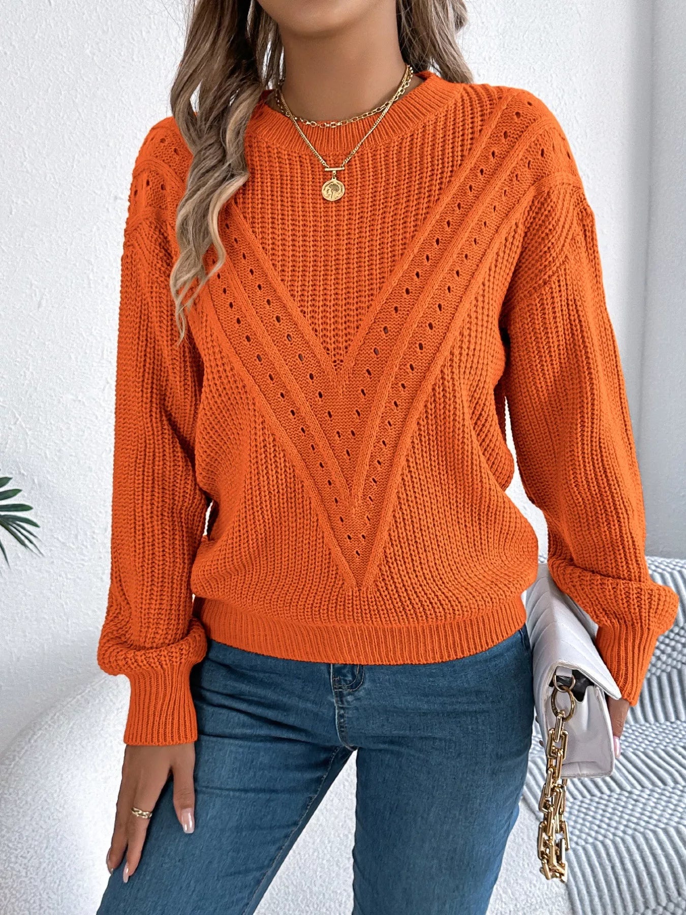 Openwork Round Neck Sweater-Nordavory