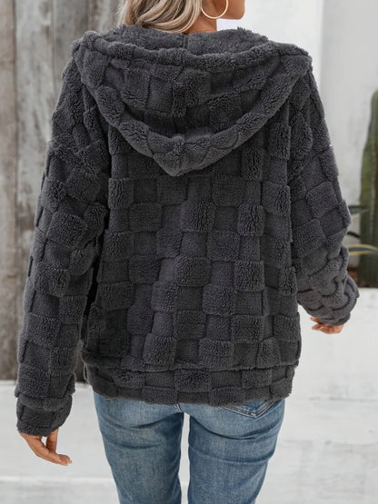 Checkered Texture Zip Up Drawstring Fuzzy Jacket-Nordavory