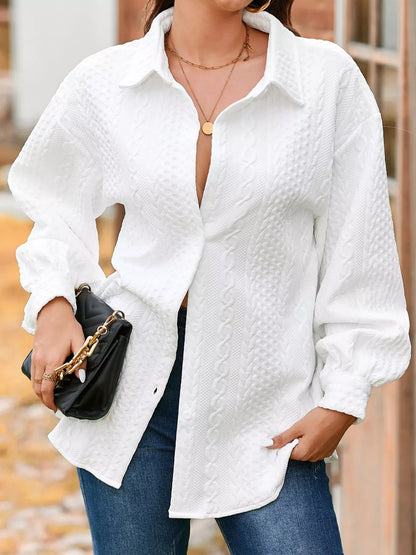 Cable Texture Puff Sleeve Loose Shacket-Nordavory