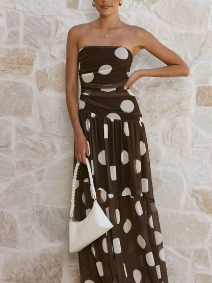Polka Dot Strapless Ruched Maxi Dress-Nordavory