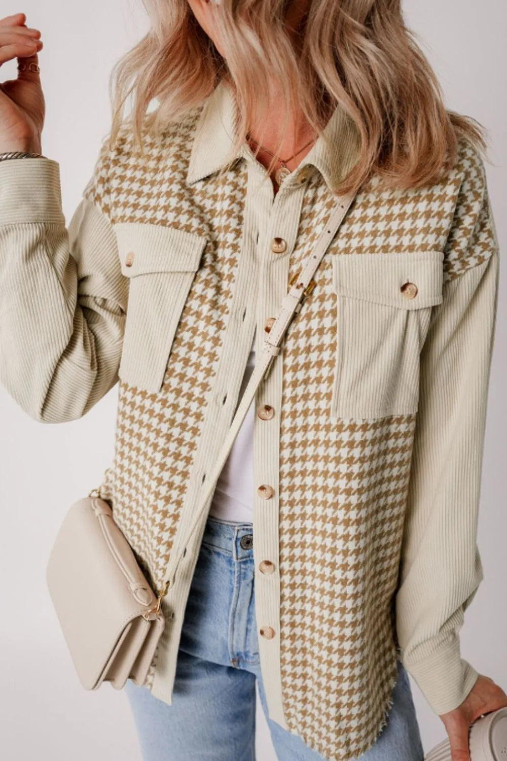 Houndstooth Button Up Long Sleeve Jacket-Nordavory