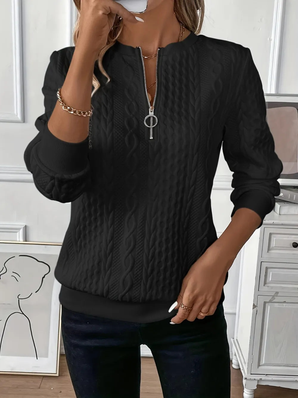 Texture Half Zip Long Sleeve Sweatshirt-Nordavory