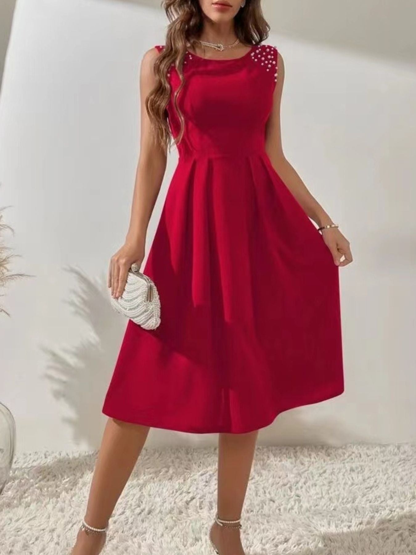 Pearl Detail Sleeveless Midi Dress-Nordavory