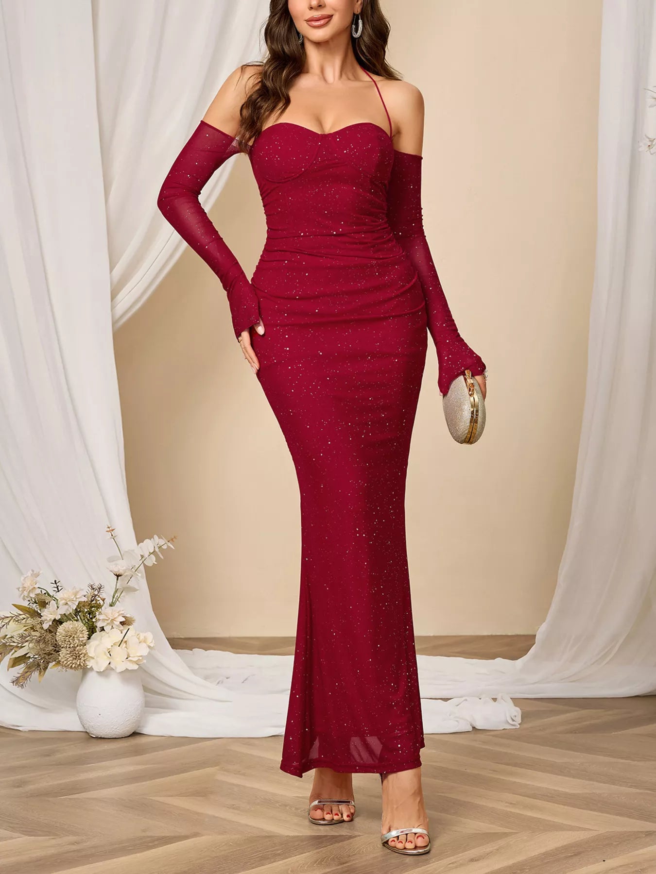 Glitter Sweetheart Neck Long Sleeve Maxi Dress-Nordavory