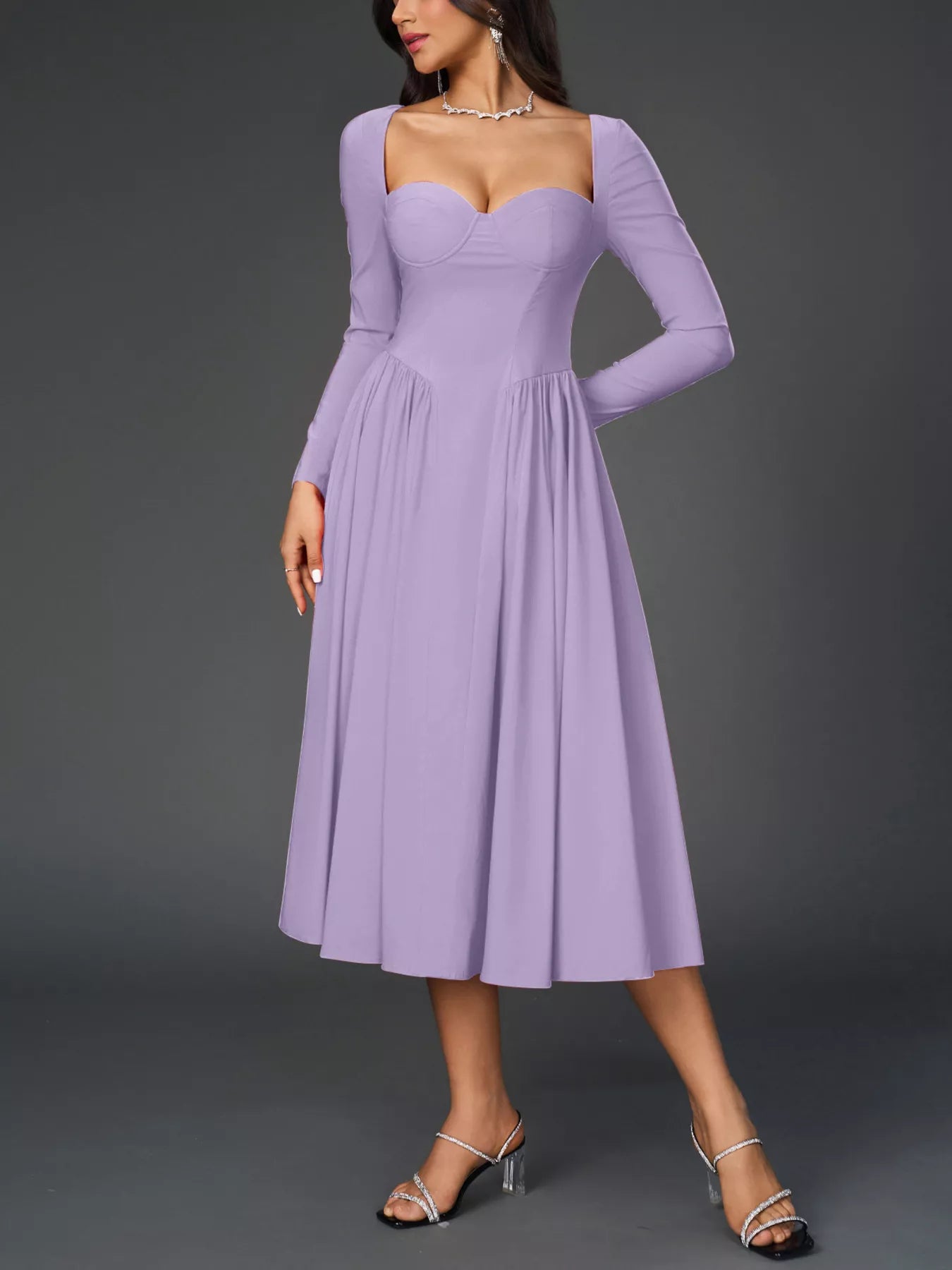 Sweetheart Neckline Long Sleeve A-Line Midi Dress-Nordavory