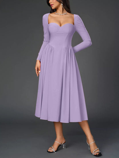 Sweetheart Neckline Long Sleeve A-Line Midi Dress-Nordavory