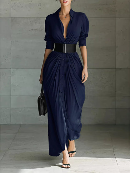 Full Size Button Front Ruched Shirt Maxi Dress Plus Size-Nordavory
