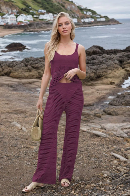 Hollow Out Round Neck Top and Pants Sweater Cover Up Set-Nordavory