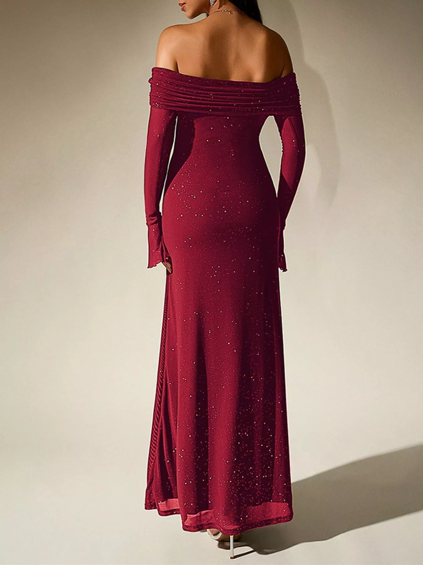 Glitter Off-Shoulder Maxi Dress-Nordavory