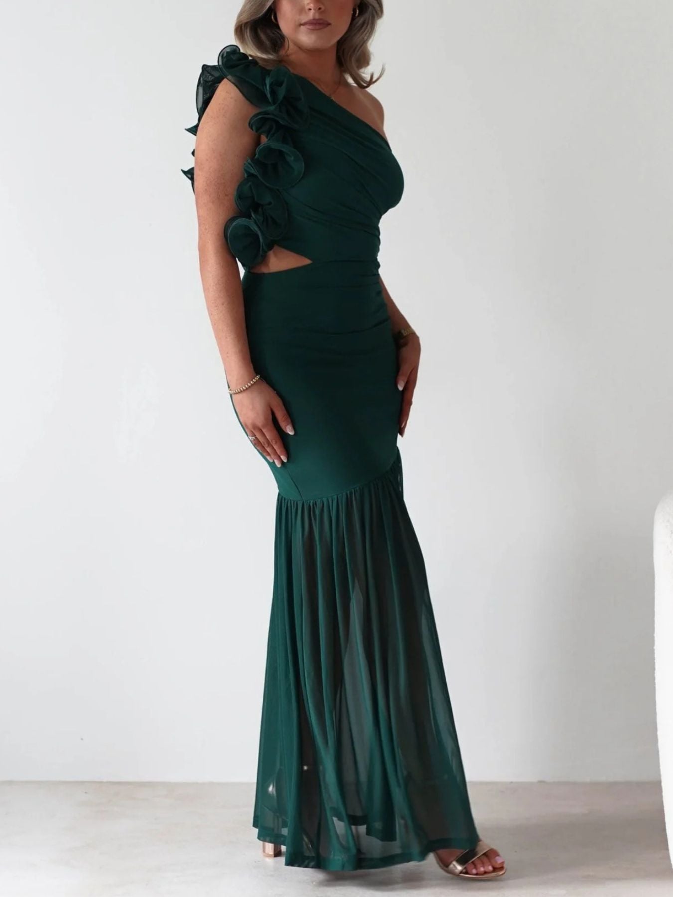 One-Shoulder Ruffle Trim Maxi Dress-Nordavory